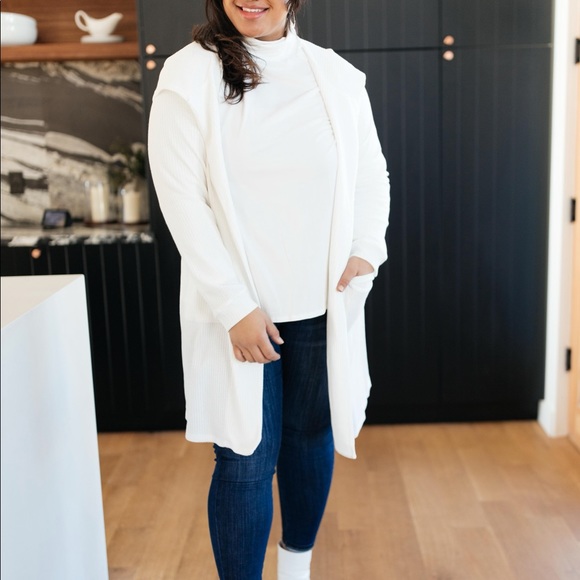 Hooded and Laced Waffle Knit Cardigan in Off White - Picture 5 of 11